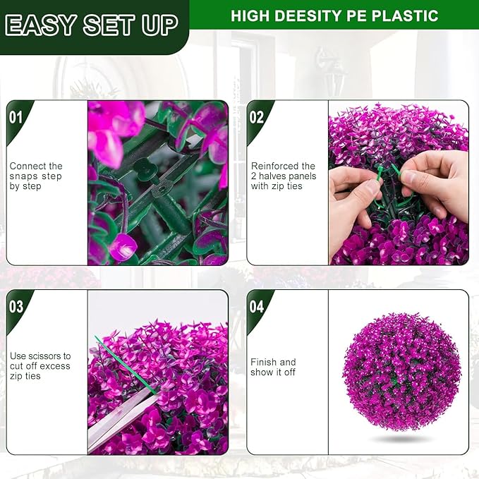 2 PCS 16 Inch Artificial Plant Purple Topiary Ball, Anti-Fading Faux Decorative Boxwood Balls, Hanging Fake Plants Balls for Garden, Wedding Party, Patio Indoor Outdoor Decor (Red)