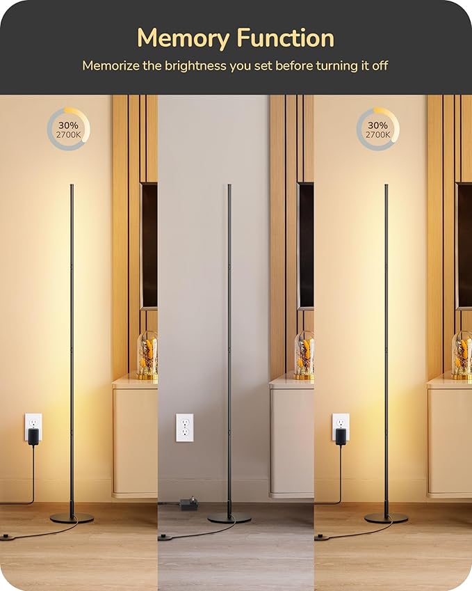 EDISHINE Corner Floor Lamp, Dimmable LED Light with Remote, 3 Color Temperature 3000K-4500K-6000K, 57.5" Modern Black LED Floor Lamp for Bedroom, Living Room, Office