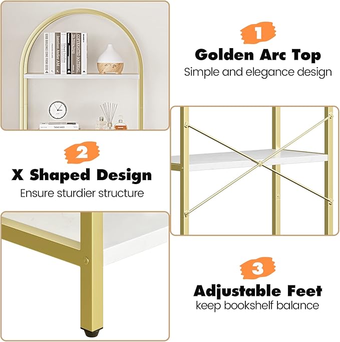 IDEALHOUSE Bookshelf 5 Tier Bookcase Arched Display Racks Tall Standing Bookshelves Metal Frame Modern Storage Rack Shelf Large Wood Book Shelf for Bedroom, Living Room, Home Office, White/Gold
