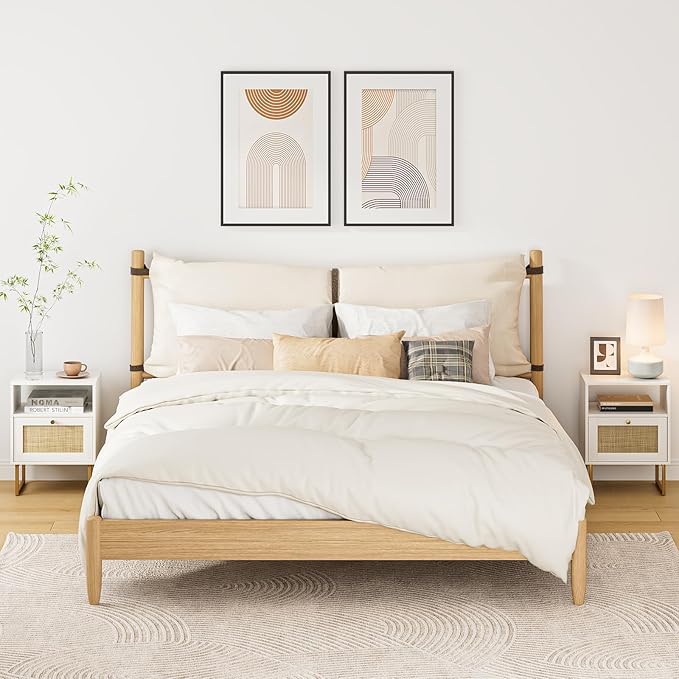 Rattan Nightstand, Mid Century Modern Night Stand,Boho Farmhouse Wood Bedside Table with Storage and Open Shelf, End Side Accent Table for Bedroom,Living Room,White