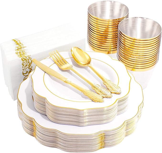NOCCUR 175PCS Gold Plastic Plates with Disposable Silverware - White Gold Plastic Tableware Include 25 Dinner /25 Dessert Plates, 75 Cutlery, 25 Cups, 25 Napkins - Ideal for Party&Thanksgiving