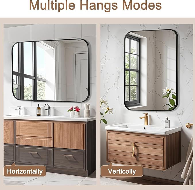Matte Black Mirror, 20"x28" Rectangle Bathroom Mirror, Metal Frame Rectangle Corner Vanity Mirror, Wall Mounted Mirror for Modern, Living Room, Bedroom, Horizontal Or Vertical