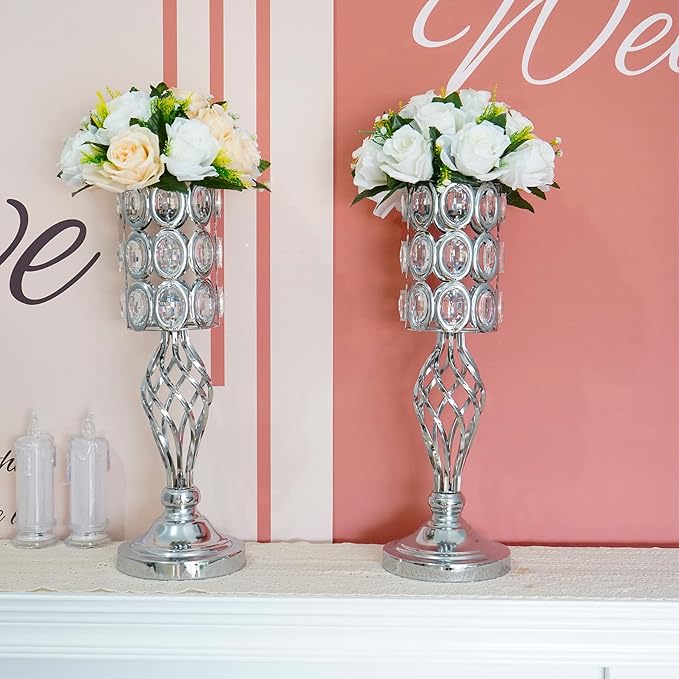 20in Wedding Centerpieces for Tables, 2pcs Silver Metal Diamond Crystal Wedding Flower Stand Centerpiece Vases for Table Decorations Reception Party Home Decor