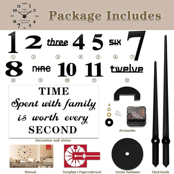 VANGOLD Large DIY Wall Clock Modern 3D Wall Clock with Mirror Numbers Stickers for Living Room Office Decorations Gift