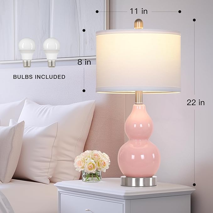 Double Gourd Ceramic Table Lamps Set of 2, Modern Pink Bedside Lamps for Night Stand, Contemporary Nightstand Lamps for Bedroom Living Room (Bulb Included)