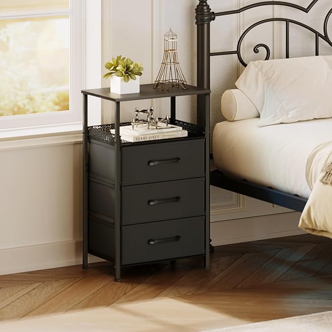 Night Stand Set of 2, Nightstands with 3 Fabric Drawers, Side Table with Open Storage Shelf, Security Metal Mesh, Bedside Tables for Bedroom, Living Room, Small Spaces, Black