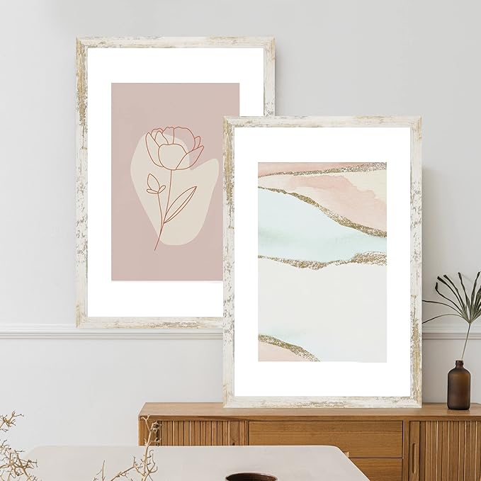 16x24 Frame Set of 2, Distressed White Wood Style - Display 16 x 24 Picture without Mat or 12x18 Picture with Mat, Wall Mounting Horizontal and Vertical