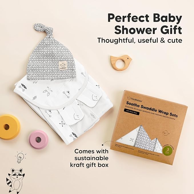 KeaBabies 3-Pack Swaddles for Newborns, Girls, Boys with Hats - Organic Soft Baby Sleep Sacks, Breathable Baby Swaddle 3-6 Months Beanies Set, Premie Infant Sleep Sack 0-3 Months (Nordic)