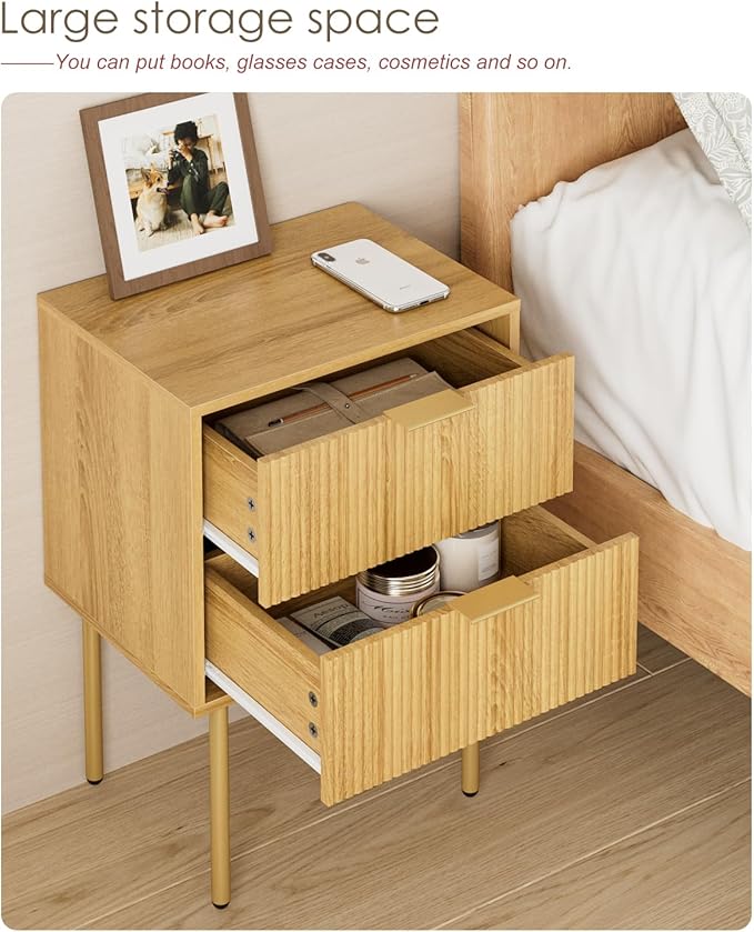 Nightstand,Morden Bedside Table with Gold Frame,Small White Night Stand,End Table,Bedside Furniture,Side Table with Drawer and Shelf for Bedroom,Living Room (2Drawers, Oak)