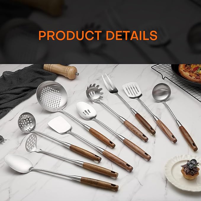 10 Pcs Cooking Utensils Set 304 Stainlss Steel Kitchen Utensils Set Heat Resistant Wooden Handle Kitchen Tools Metal Kitchen Utensil Soup Ladle Set, Dishwasher Safe