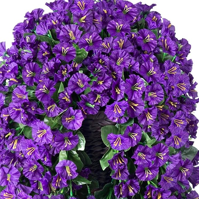 Artificial Faux Hanging Flowers Plants Basket for Spring Summer Outdoor Porch Decor, Fake Silk Purple Morning Glory Long Vine in Planter UV Resistant Realistic for Inside Home Patio Balcony