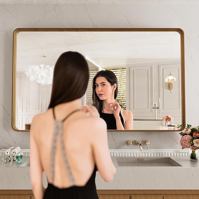 LOAAO 60X30 Inch Bathroom Mirror with Wood Grain Colored Metal Frame, Rounded Rectangle Metal Framed Bathroom Mirror, Anti-Rust, Hangs Horizontally or Vertically, Tempered Glass