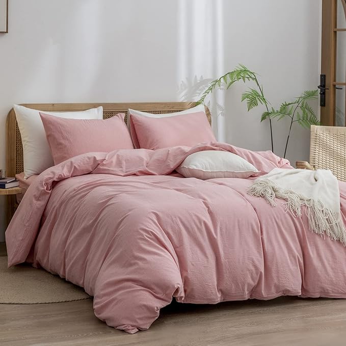 BESTOUCH Duvet Cover Set 100% Washed Cotton Linen Feel Super Soft Comfortable Chic Lightweight 3 PCs Home Bedding Set Solid Red Pink King