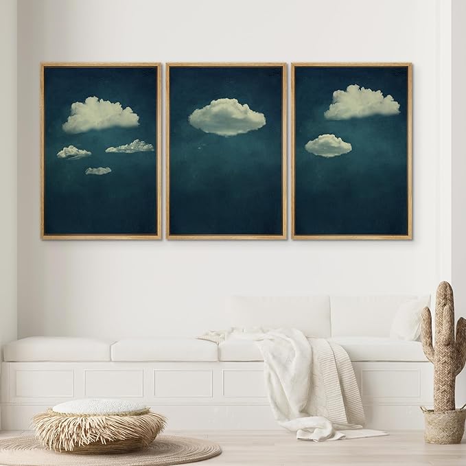 SIGNWIN 3 Piece Framed Canvas Wall Art A Series of White Clouds in The Blue Sky Nature Wilderness Illustrations Abstract Traditional Home Artwork for Living Room,Bedroom - 16"x24"x3 Natural
