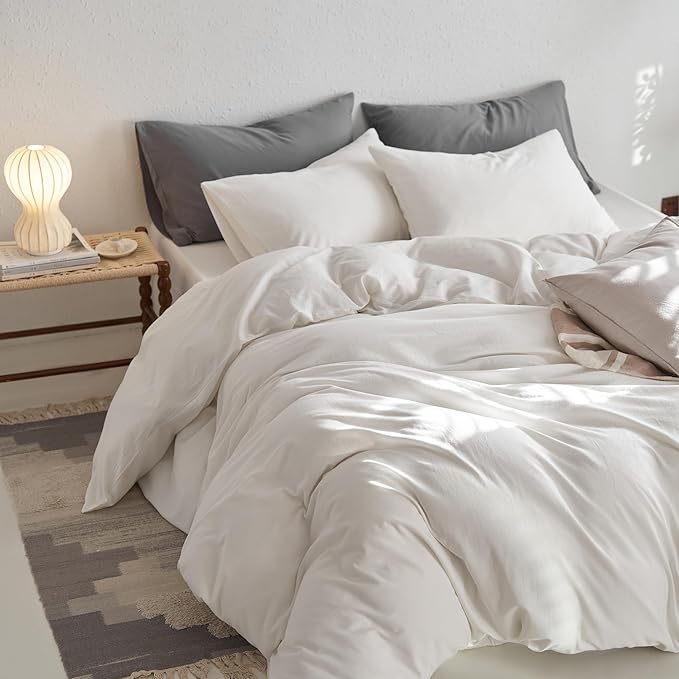 MooMee Queen Duvet Cover Set, 100% Washed Cotton Linen Like Twill Thick Sturdy Material Super Soft Breathable Durable Bedding for All Season, 3 Pieces (Off White, Queen 90"x90")