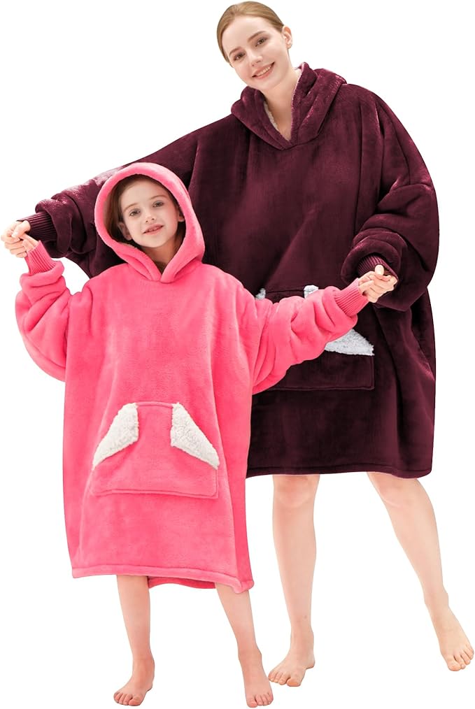 Touchat Wearable Blanket Hoodie, Oversized Sherpa Blanket Sweatshirt with Hood Pocket and Sleeves, Super Soft Warm Comfy Plush Hooded Blanket for Adult Women Men, One Size Fits All (Wine)
