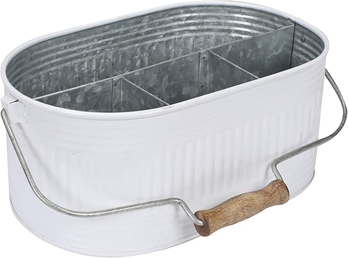 Alpha Living Home Rustic Heavy Duty Alloy Multi-Compartment Caddy - Metal Utensil Caddy Versatile All-in-One Organizer for Kitchen, Bathroom & Office Utensils, Flatware, and Accessories (White)