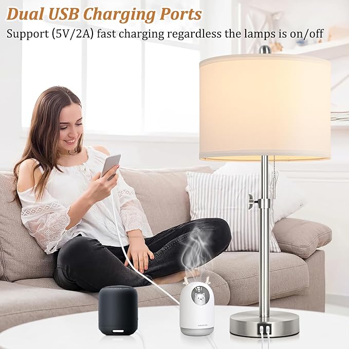 Table Lamp Set of 2 for Bedroom, Bedside Lamp with 2 USB Ports, 23" to 30" Height Adjustable Tall Table Lamp for Living Room End Tables, Modern Silver Nightstand Lamp with Pull Chain