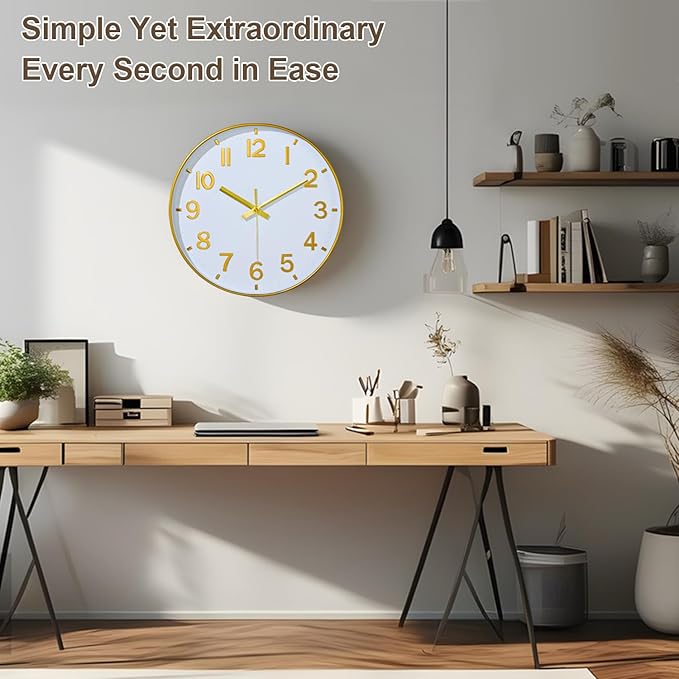 Gold Wall Clocks Battery Operated, 12 Inch Non Ticking Digital Wall Clock, Silent Analog Clock for Bedroom Living Room Kitchen Office Gym Classroom, Large Number Clocks for Seniors Elderly