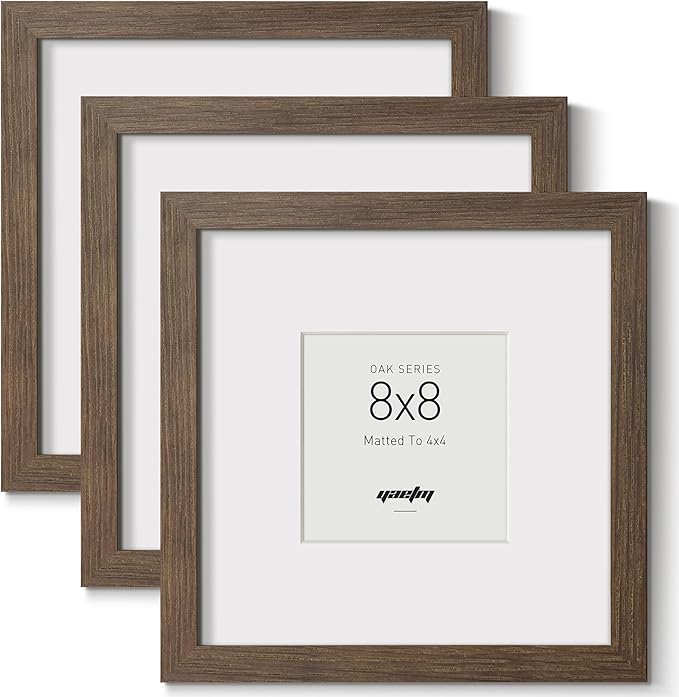 Yaetm Square 8x8 Picture Frame – Brown Walnut, Rustic Solid Wood Frame 8x8 with Tempered Real Glass, Display 4x4 Photo with Mat or 8 x 8 Art Print without Mat, Wall Mount (3 Pack, Walnut)