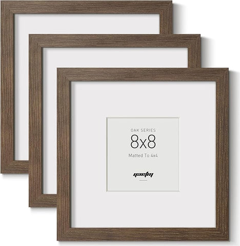 Yaetm Square 8x8 Picture Frame – Brown Walnut, Rustic Solid Wood Frame 8x8 with Tempered Real Glass, Display 4x4 Photo with Mat or 8 x 8 Art Print without Mat, Wall Mount (3 Pack, Walnut)