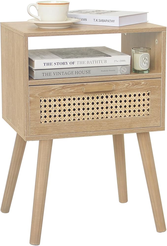 MaxSmeo Rattan Nightstand with Drawer, Mid Century Modern Wood Bedside Table for Living Room, Bedroom and Small Spaces (Rustic Walnut)