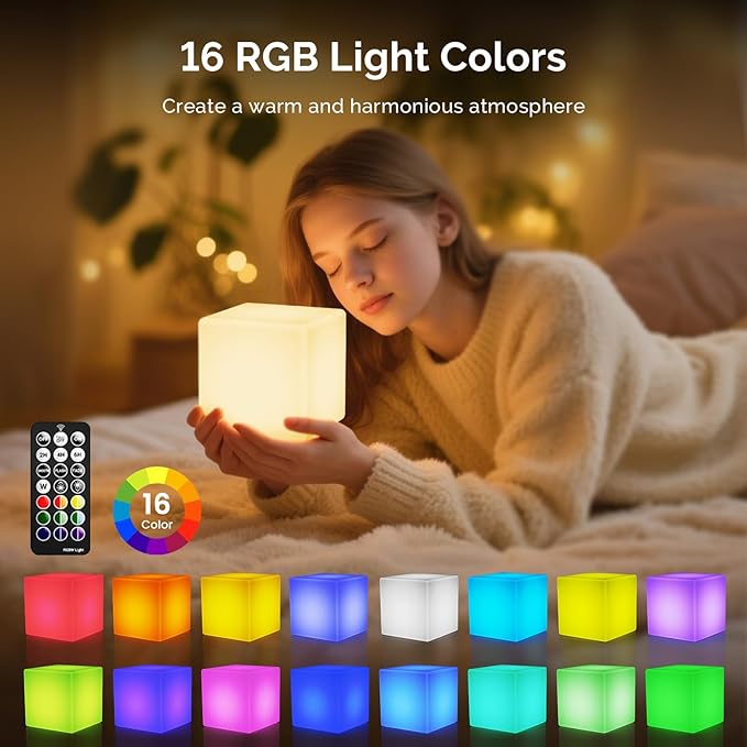 LOFTEK 7-inch LED Cube Night Lights: Rechargeable RGB 16 Colors Changing Light with Remote Control, IP65 Waterproof Table Lamp Night Light for Home Bedroom Kids Room