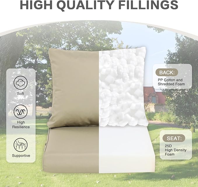 BPS 21x21 Inch Deep Seat Outdoor Cushions Set of 2, Khaki Fade-Resistant and Water-Resistant Patio Chair Cushions for Wicker Chairs, Sofas, Love Seats