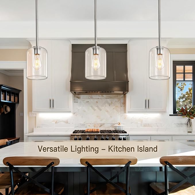 Brushed Nickel Pendant Light Fixtures, 6 Inch Clear Glass Shade Modern Farmhouse Pendant Lights Kitchen Island, Industrial Hanging Light Fixture Adjustable Stem Rod for Over Sink