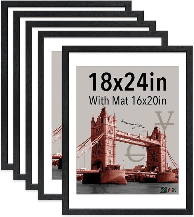VCK 18x24 Poster Frame Black 5 Pack - with Mat 16x20, Textured Exclusive Solid Wood Picture Frame, Horizontal and Vertical Formats with Included Hanging Hardware