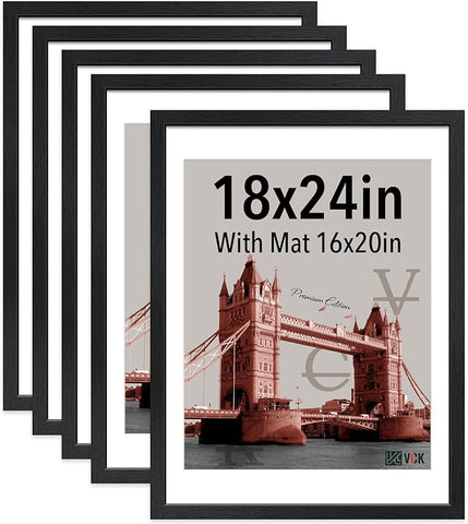 VCK 18x24 Poster Frame Black 5 Pack - with Mat 16x20, Textured Exclusive Solid Wood Picture Frame, Horizontal and Vertical Formats with Included Hanging Hardware