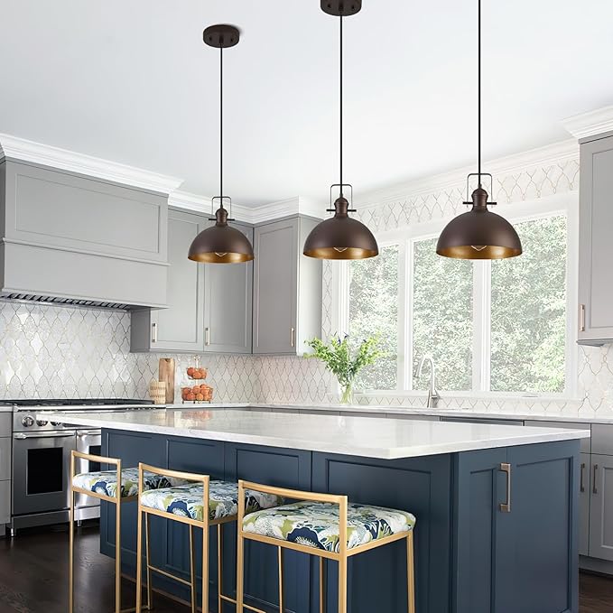 12 Inch Pendant Lights for Kitchen Island Matte ORB Farmhouse Pendant Light fixtures Adjustable Height Dome Hanging Light for Dinning Room Bedroom Hallway,3 Packs
