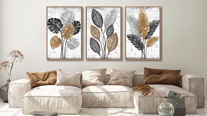 Large Framed Canvas Wall Art - Natural Float Framed Black Brown Gray Leaf Pattern Pictures Decor Rustic Foliage Plants Artwork for Living Room Bedroom Kitchen Home Office Decoration 48" X 24" Set of 3