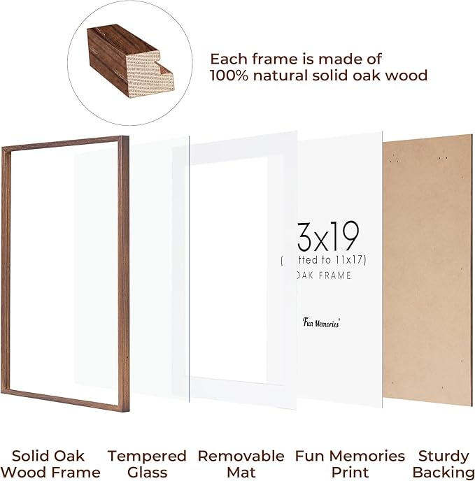 13x19 Picture Frame, Solid Oak Wood Frame 13 x 19 Frame for Wall, 13"x19" Photo Frame with Tempered Real Glass, 13x19 Picture Frame Matted to 11x17, Rustic Wooden 13x19 Poster Frame, Walnut Color
