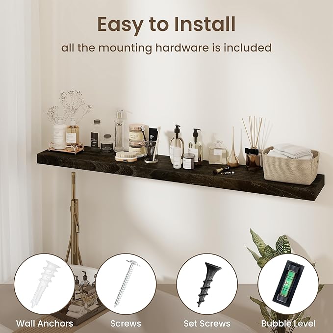 fuqing Floating Shelves for Wall - 55 Inch Wide x 9.3 Inch Deep Natural Wood Shelves Set of 1 - Wooden Wall Mounted Shelves with Upgraded Metal Brackets for Room Wall