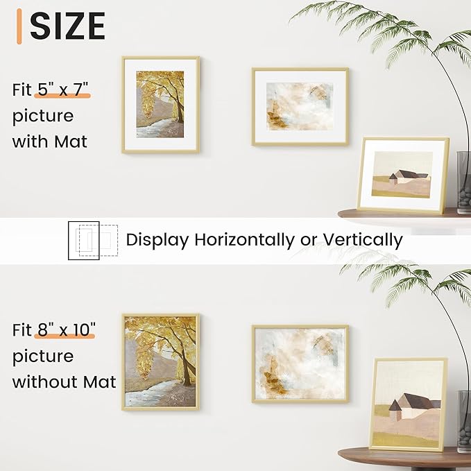 8x10 inch Metal Picture Frame - 8 x 10 Thin Aluminum Photo Frames with 5x7 Removable Mat - High Definition Plexiglass - Ideal for Wall or Tabletop Display - Wall Hook Hanging Hardware Included - Gold, Set of 1