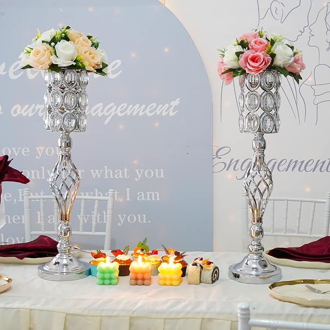 24in Wedding Centerpieces for Tables, 2pcs Silver Metal Diamond Crystal Wedding Flower Stand Centerpiece Vases for Table Decorations Reception Party Home Decor