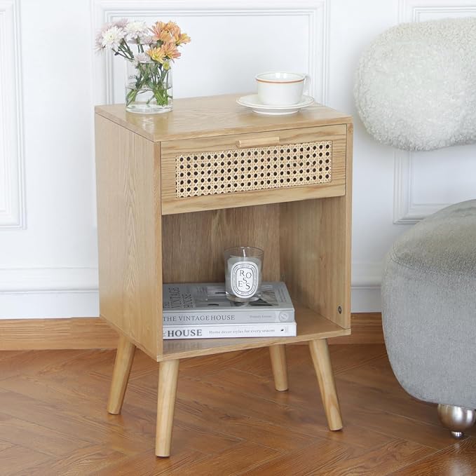 MaxSmeo Rattan Side Table, Small Bedside Tables Natural Wood Nightstand with Drawer and Open Shelf, Modern Nightstand with Solid Legs (Natural Walnut)