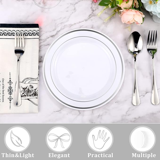200 Pieces Disposable Plates Plastic Party Plates with Rim Hard Plastic Appetizer Salad Dessert 7.5 Inch Elegant Heavy Duty Tableware for Dinner Wedding Party Supplies(Silver Rim)