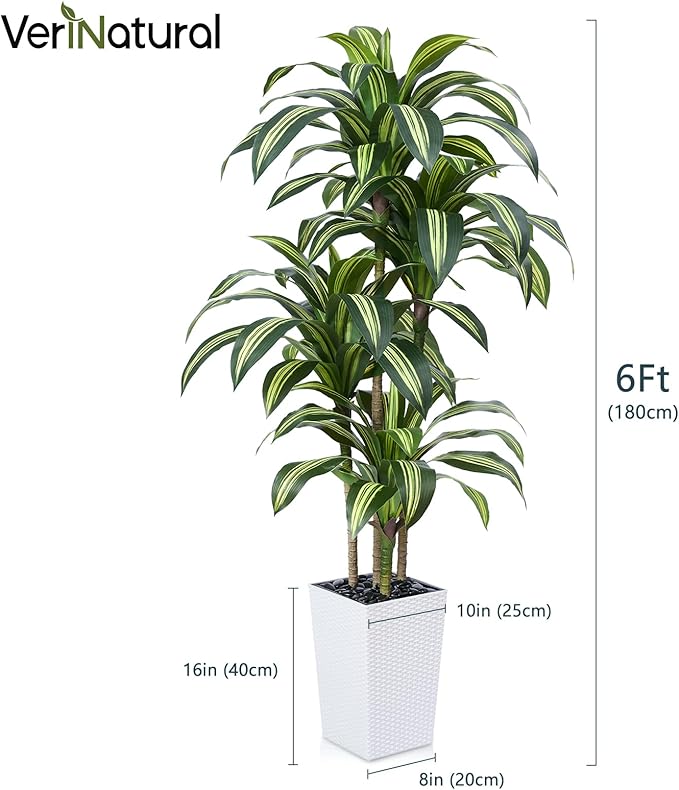 Artificial Dracaena Tree 6ft – UV Resistant Tall Fake Plant with Large Taper Planter & Pebbles– Large Potted Faux Tree for Indoor & Outdoor, Living Room, Office, Porch, Home Decor, VN127