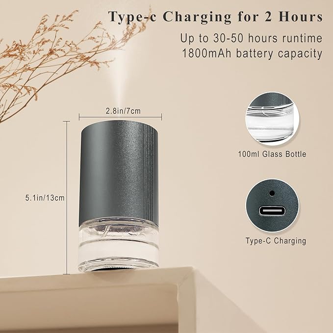 Essential Oil Diffuser, Waterless Scent Diffusers for Home, 100ml Capacity Atomizing Humidifier, Rechargeable Air Freshener Machine with 7-Color Ambient Light for Car Office (Grey)