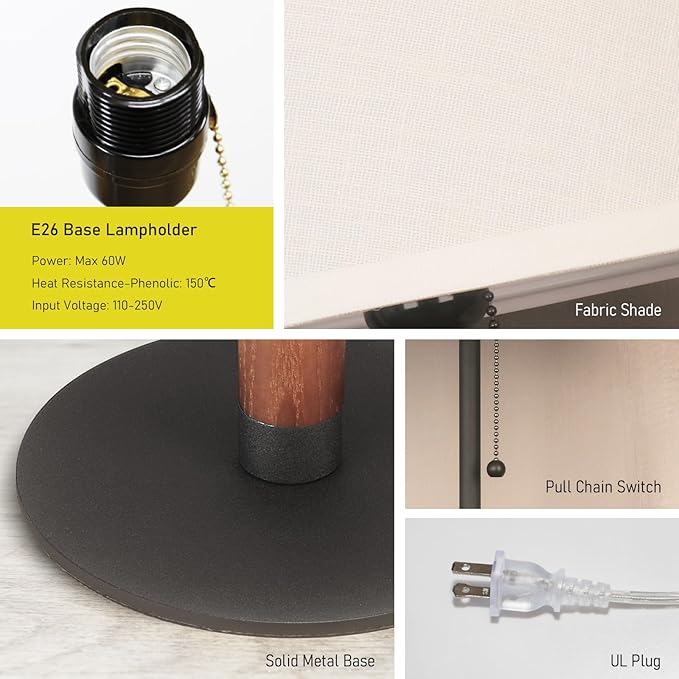 21" Table Lamps for Night Stands Bedside Lamp for Living Room Bedroom Lamp for End Tables 3-Color Pull Chain Switch Walnut Wood Fabric for Home/Office/Desk Decor (Off White+Sand Black)