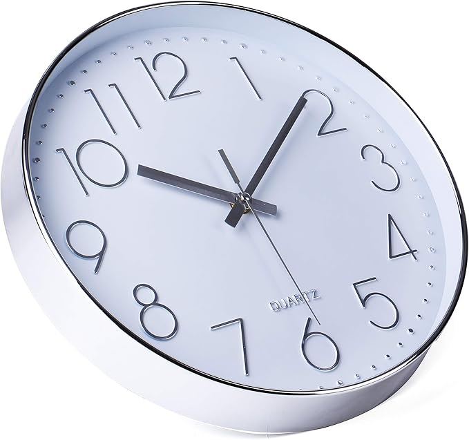 jomparis Modern 12" Battery Operated Non-Ticking Silent Sweep Movement Wall Clock Decorative for Office,Kitchen, Living Room, Bedroom, Bathroom Silver Plastic Frame