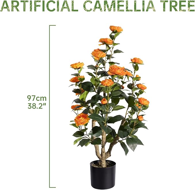 Romantic Season 2Pack Artificial Camellia Tree 3FT, Orange Faux Camellia Plant Fake Potted Camellia Flower Tree Plastic Camellia Tree for Modern Home Office Living Room Floor Décor Indoor