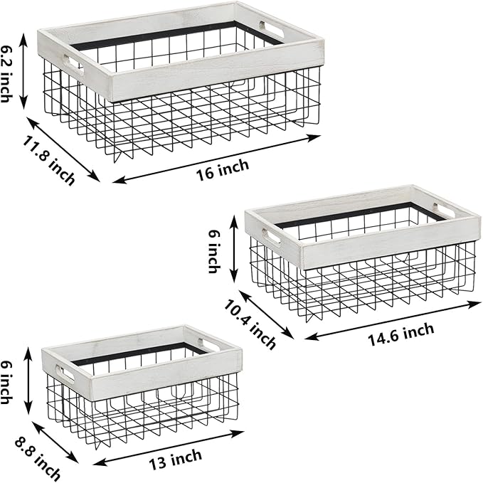 Set of 3 Metal Wire Baskets for Organizing Wood Top with Handles Storage Organizer Farmhouse Decor for Kitchen Cabinets Pantry Laundry Room Bathroom Closets Nesting Countertop Baskets