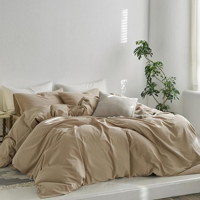 MooMee Queen Duvet Cover Set, 100% Washed Cotton Linen Like Twill Thick Sturdy Material Super Soft Breathable Durable Bedding for All Season, 3 Pieces (Camel, Queen 90"x90")