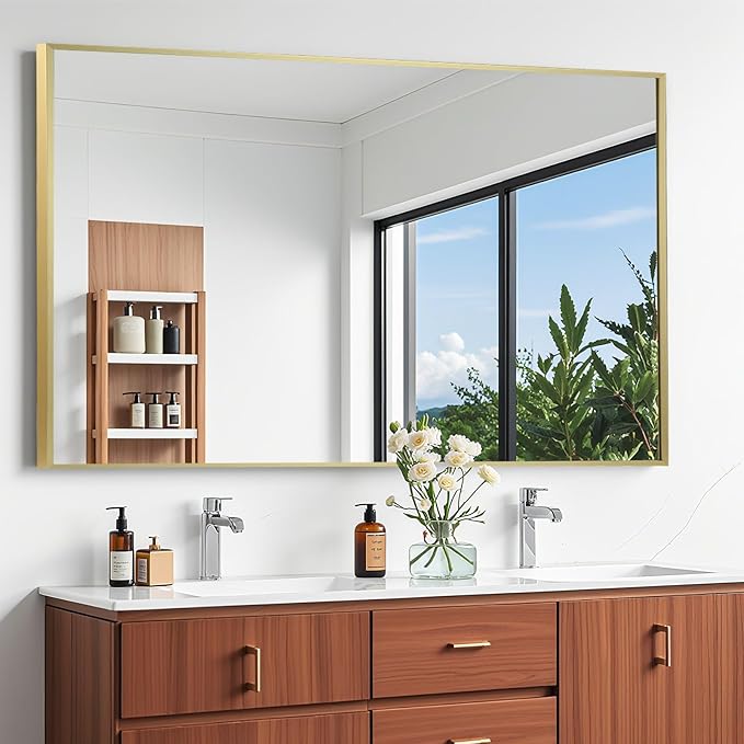 Gold Bathroom Mirror, 48"x30" Rectangle Mirror, Brushed Gold Mirror, Metal Frame Square Corner Vanity Mirror, Wall Mounted Mirror for Modern, Living Room, Bedroom, Horizontal Or Vertical