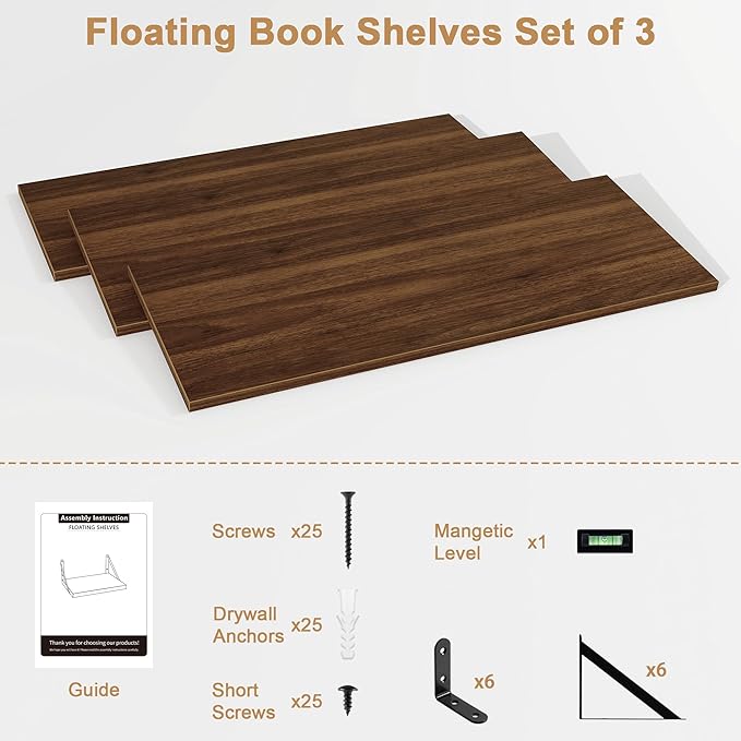 Fun Memories Extra Long Floating Wall Shelves, 48 x 8 Inches, Set of 3 Large Wood Floating Bookshelves with Metal Brackets for Storage & Display (Walnut)