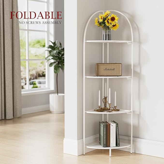 Crofy Foldable 4 Tier Corner Shelf, Metal Corner Plant Stand with White Frame and White Shelves, Corner Display Rack Multipurpose Shelving Unit for Living Room, Bedroom, Bathroom