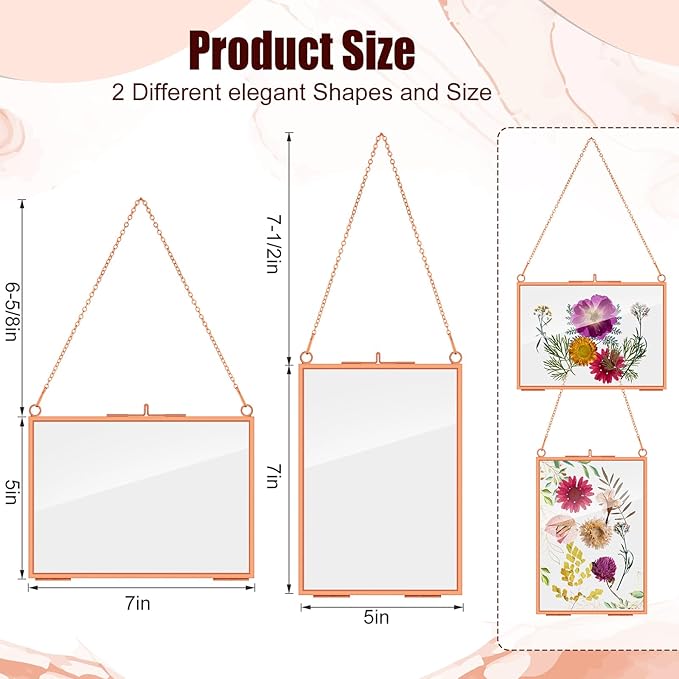 Barydat 12 Pack Pressed Flowers Glass Frames, 5 x 7 Inch Brass Hanging Floating Frame with Chain, Double Glass Photo Display for Dried Flowers, Plant Specimen, Artwork Display (Rose Gold)